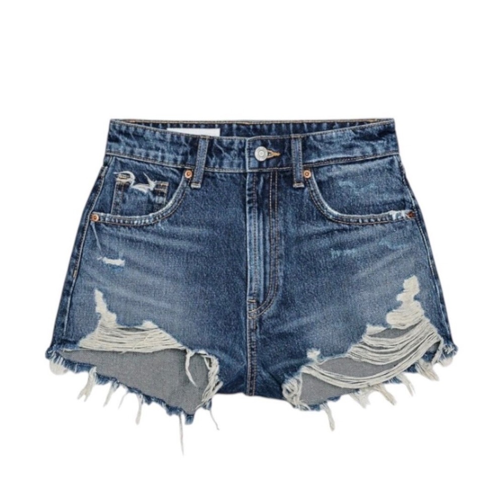 Zara Denim Shorts Womens 10 Blue Distressed High Rise Cut Off Button Fly Raw Hem